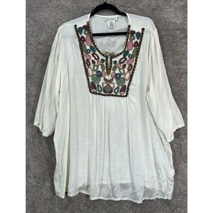 Ulla Popken Top Womens 16-18 Ivory Embroidered Beaded Semi Sheer Pullover Blouse
